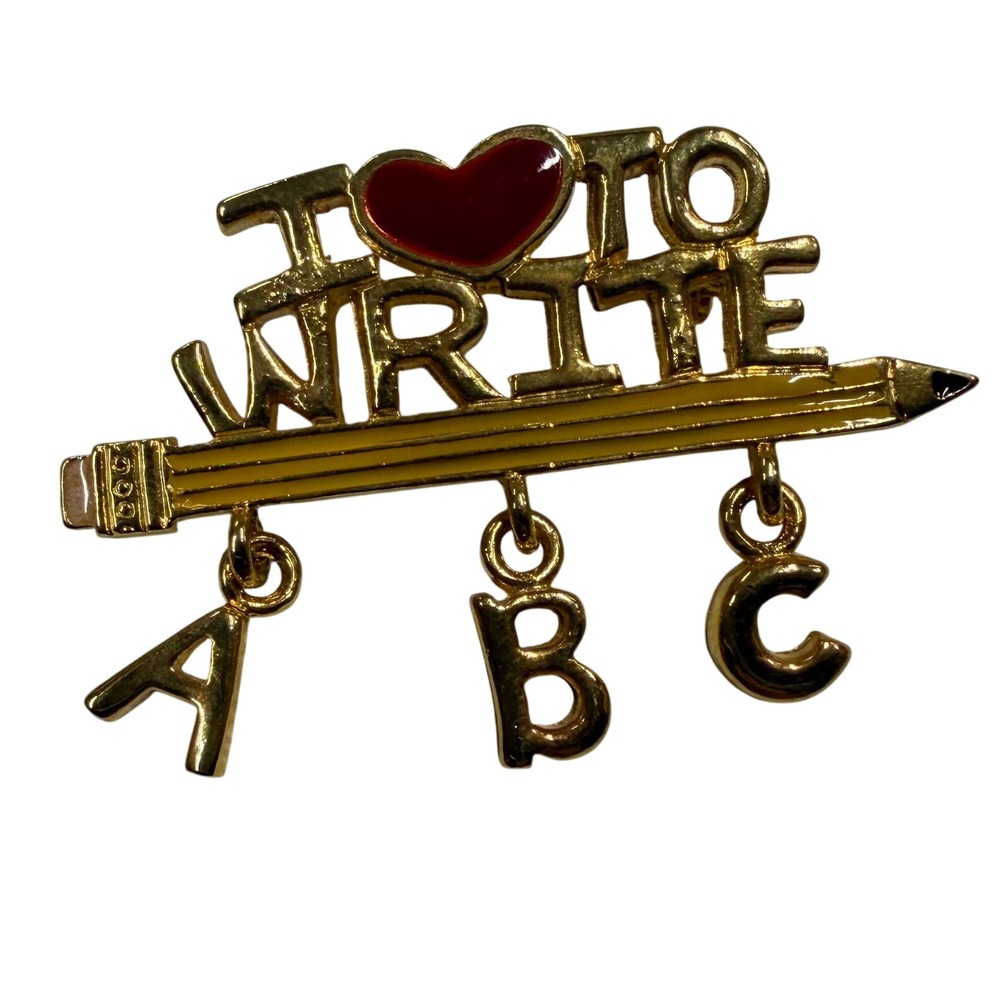 Vintage I Heart To Write Pencil Brooch Gold Tone ABC Dangle Charms Teacher Pin